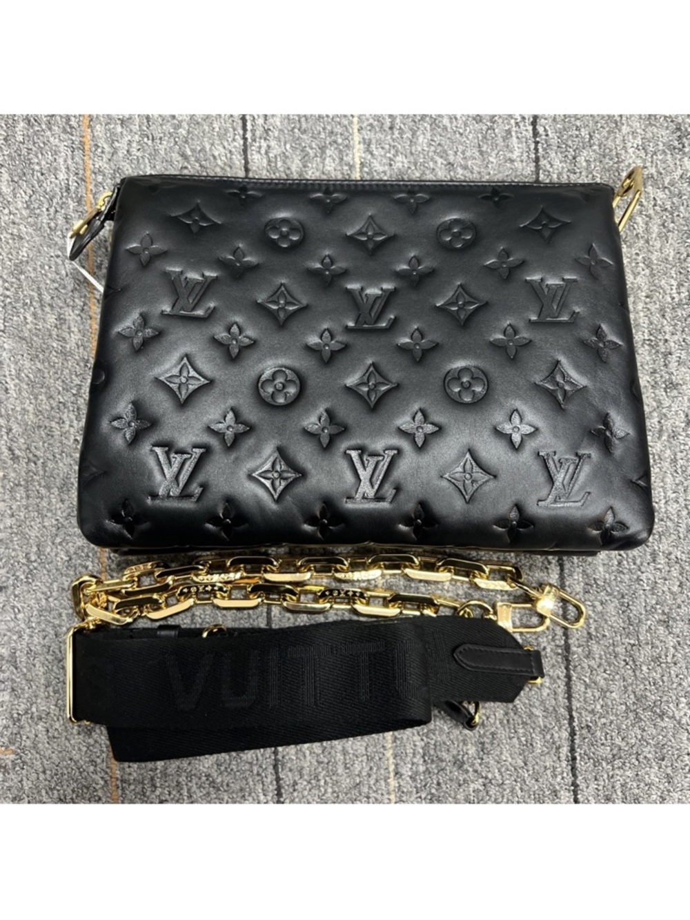 Louis Vuitton Coussin Black Embossed Monogram Crossbody with Gold Chain